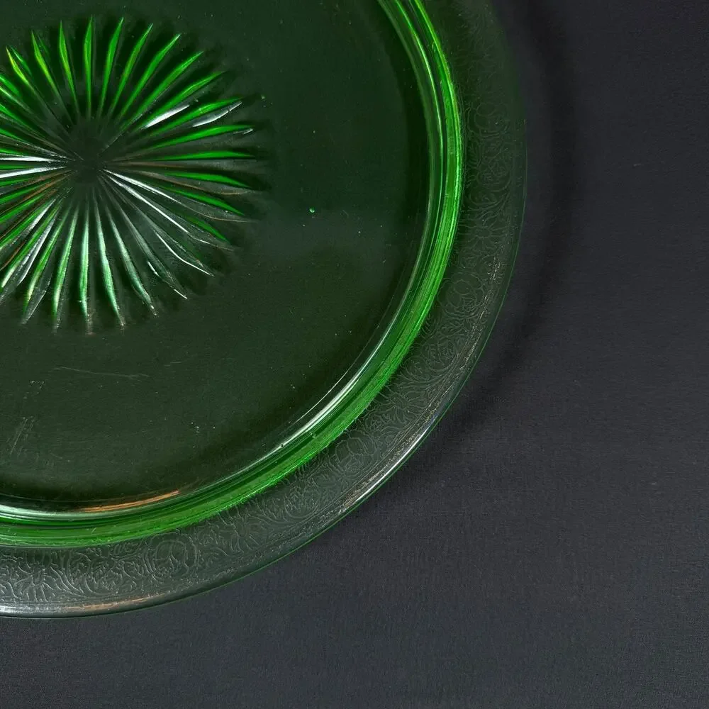 Vintage Uranium Glass Plates 13 inch Green Depression Glass UV Glow